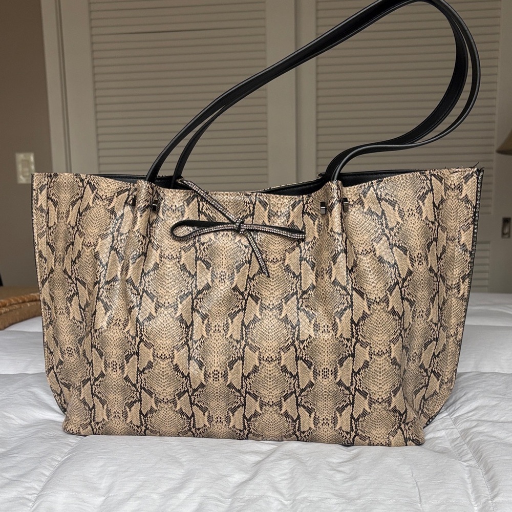 Stylish Large Snakeskin Print Tote Bag with rhinestone details